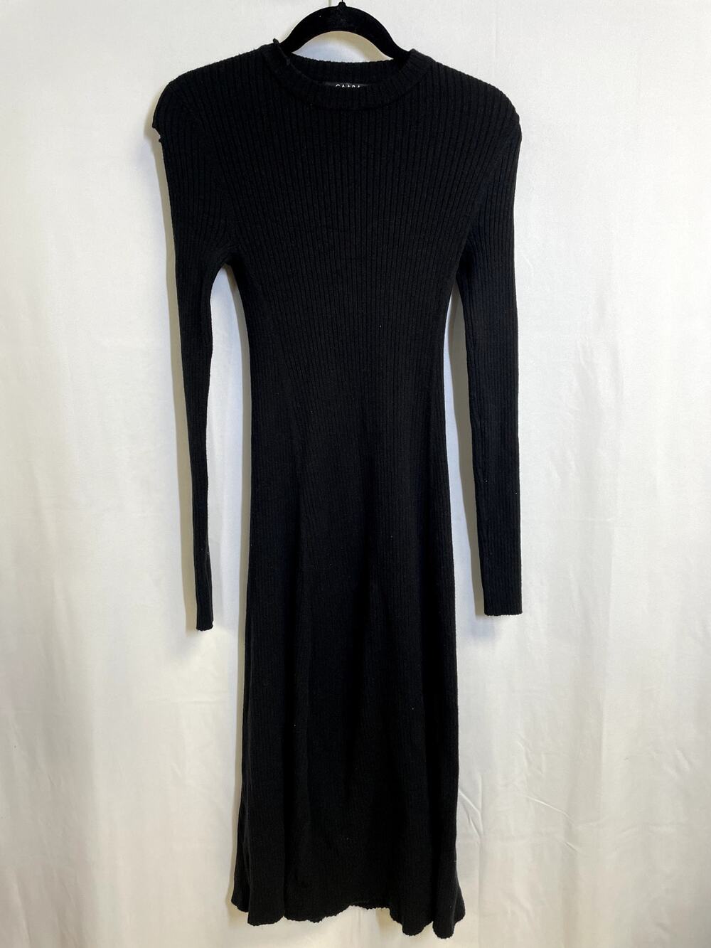 CAARA Women's Black Ribbed Nylon/Wool Midi Sweater Dress Long Sleeve Size Small